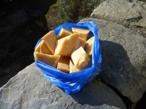 Broken blocks of beeswax