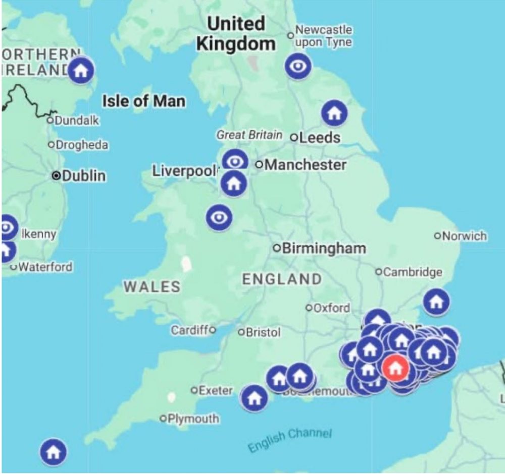 Map of UK yellow-legged Asian hornet sightings